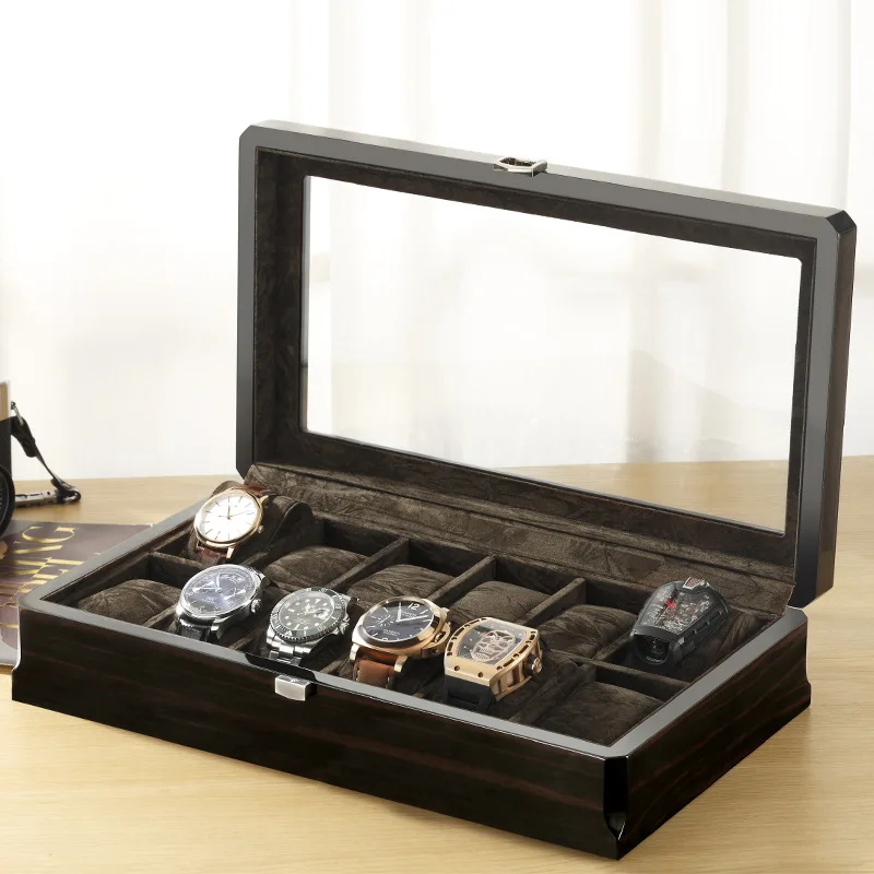 

Luxury Wooden Watch Box Case Pure Wood Casket Display Box Watches Organizer Square Glass Cabinet Packing 12 Seat Storage Box Man