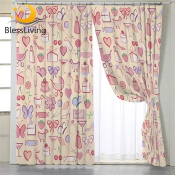 BlessLiving Girl Party Blackout Curtain Dessert Watercolor Bedroom Curtain Cartoon Butterfly Window Curtain Pink Floral Rideaux 1