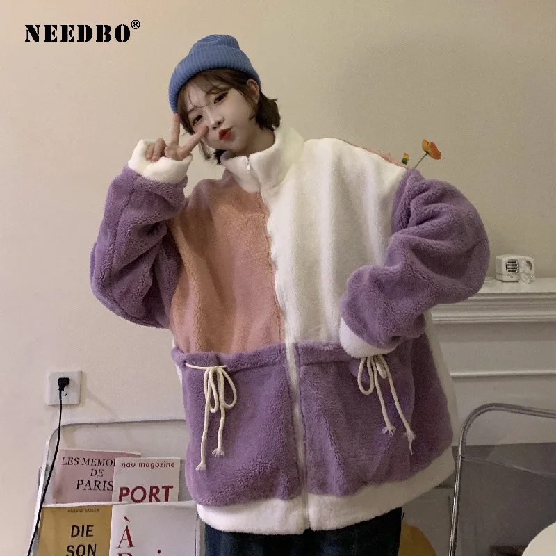 

NEEDBO Patchwork Warm Thick Women Jacket Long Sleeve Lambswool Oversize Soft Coat Female 2022 Winter Fashion New