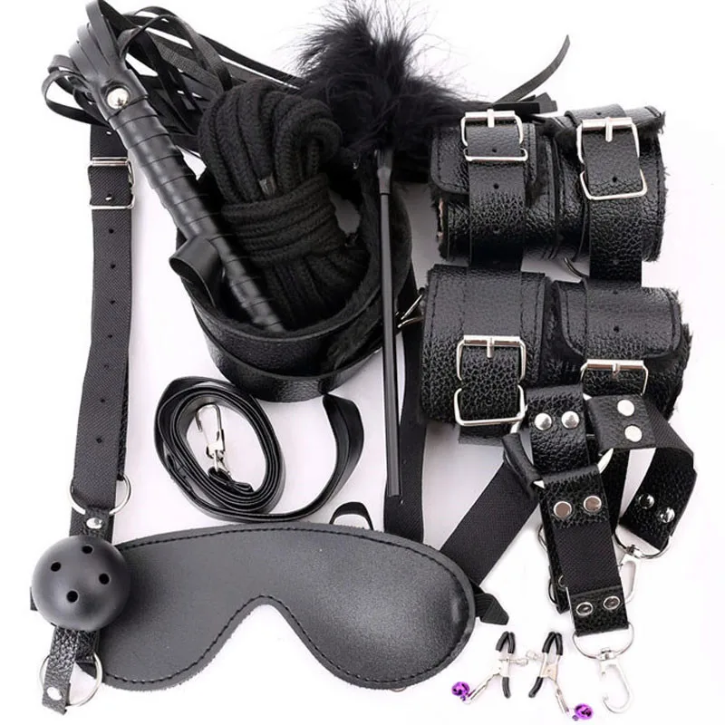 

10 Pcs/set for Adults Sexy Bondage Set Handcuffs Nipple Clamps Gag Whip Rope Exotic Accessories For Couples