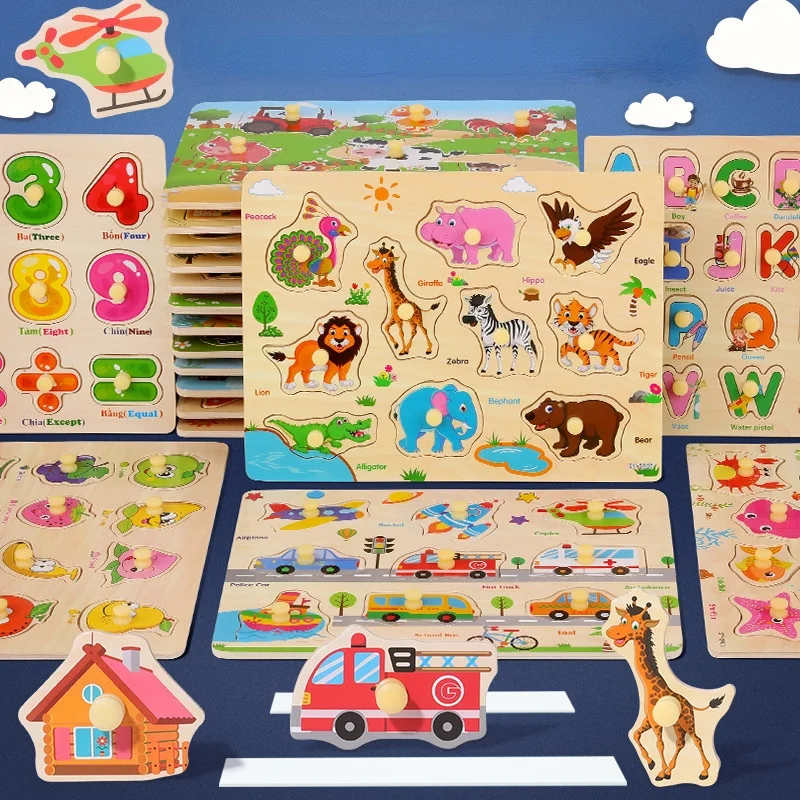 

Montessori Wooden Puzzles Hand Grab Boards Toys Tangram Jigsaw Baby Educational Toys Cartoon Vehicle Animals Fruits 3D Puzzles