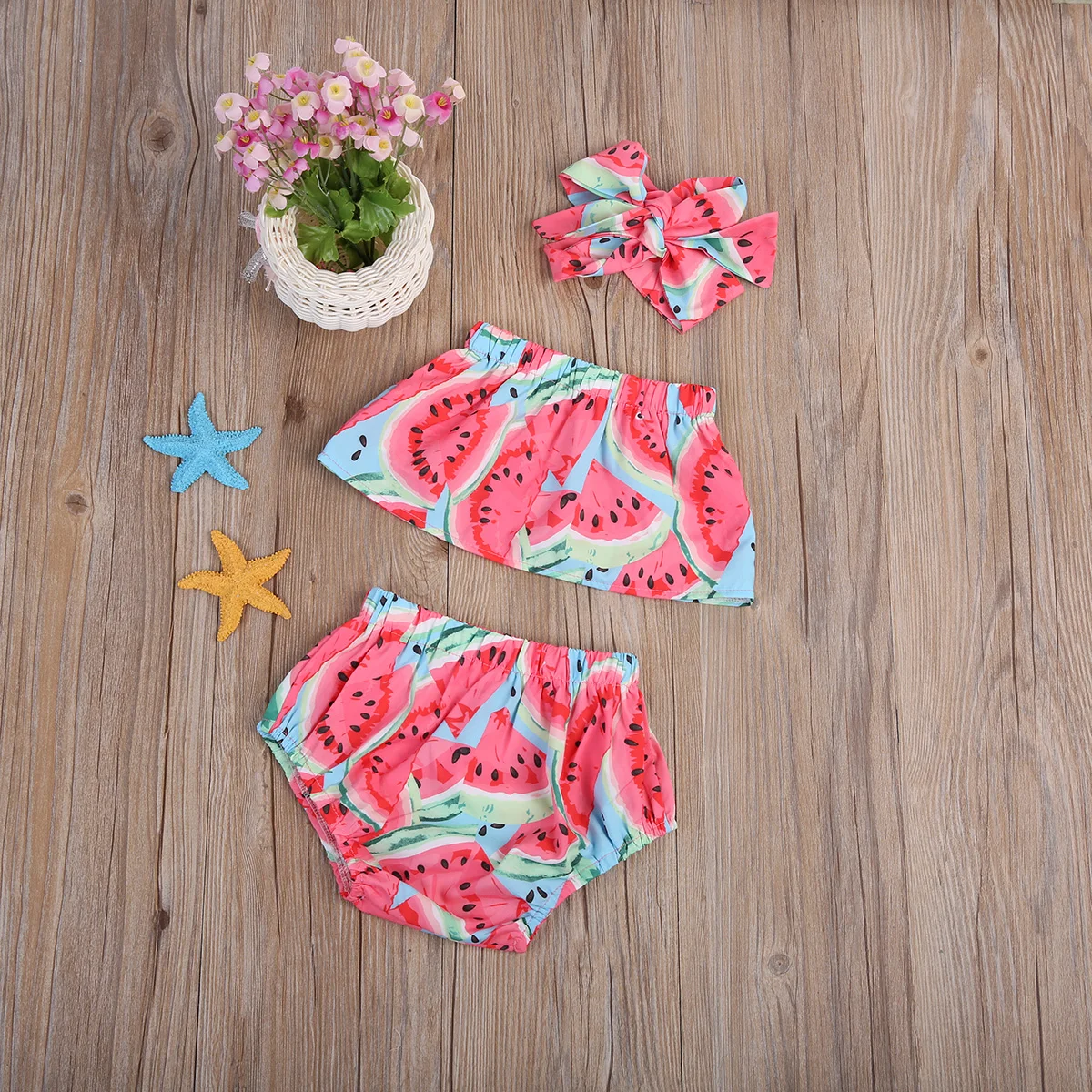 

2021 New Summer 0-24M Baby Girl Watermelon Print 3Pcs Set Off Shoulder Sleeveless Crop Top+Shorts+Headband Outfits Clothes