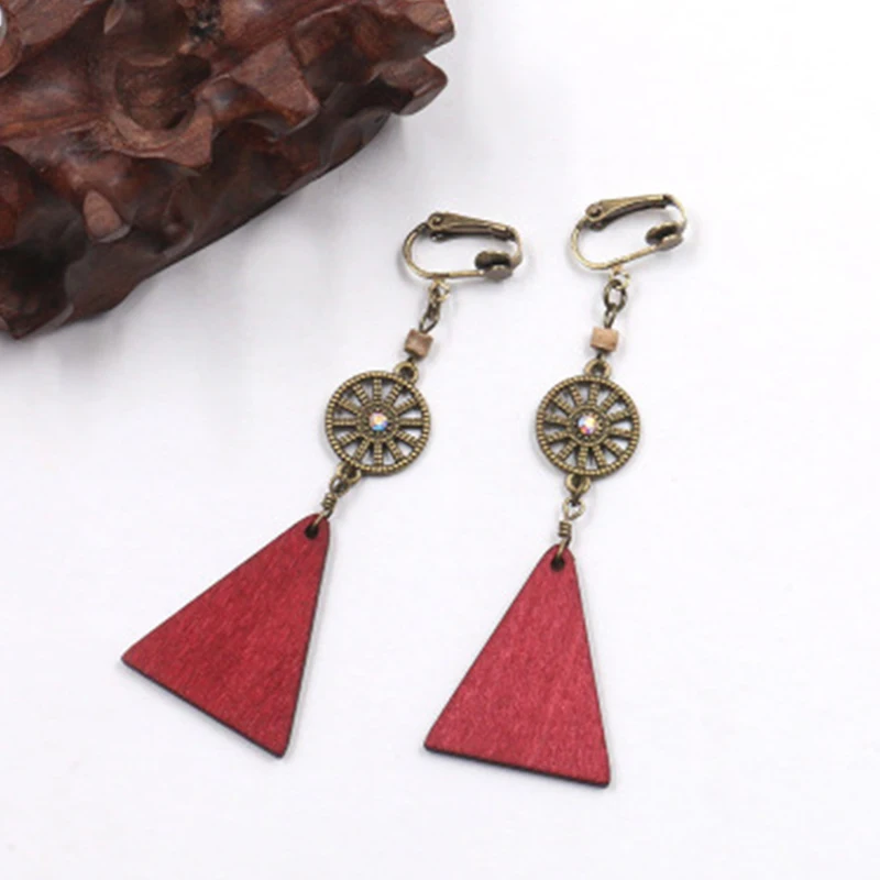 Винтажные деревянные треугольные серьги клипсы с подвесками для женщин