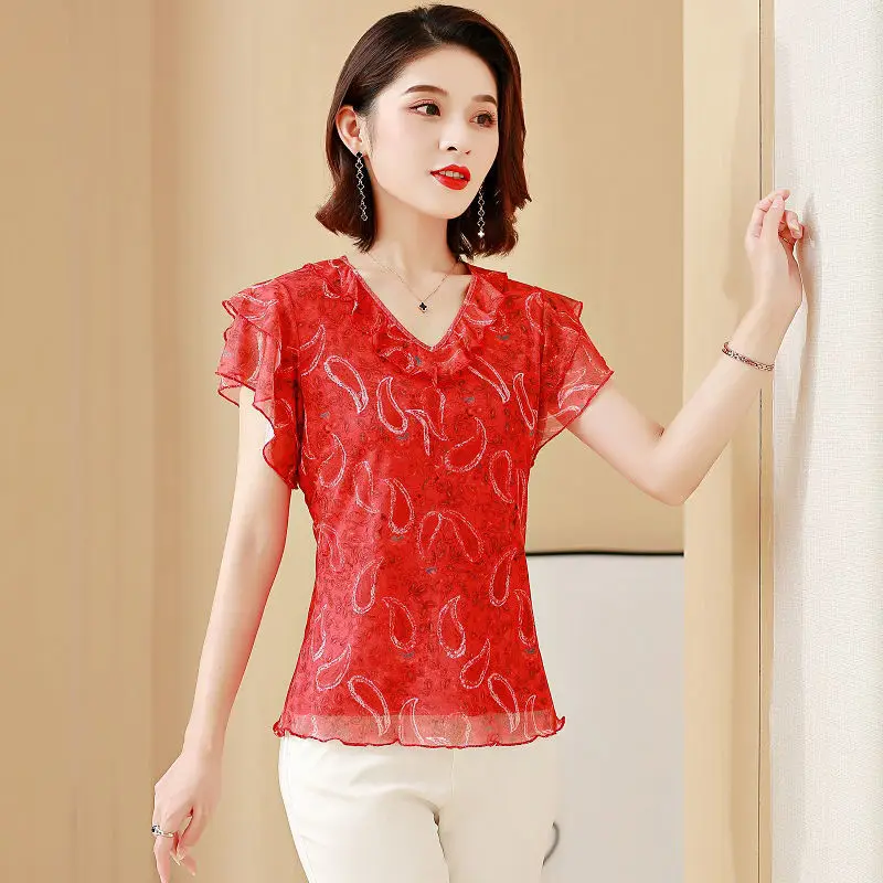 

Vintage Print Ice Silk Blouse Women Blusas Mujer De Moda New Summer Korean Style 4XL Plus Size Shirt Femininas Tops Y553