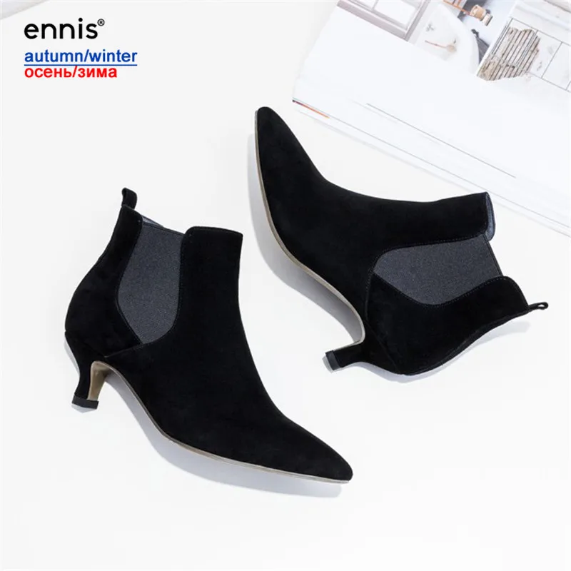 Black Plush Inside ENNIS/ г.; европейский дизайн; замшевая женская обувь; элегантные женские ботильоны с острым носком; ботинки из натуральной кожи на маленьком каблуке; A786 - Цвет: Black Plush Inside
