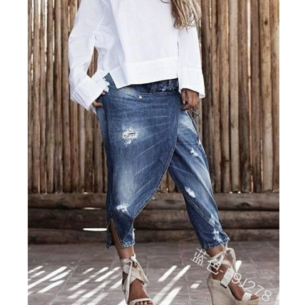 

Lugentolo Jeans Woman Plus Size 2020 Summer New Fashion Irregular Patchwork Stitching Loose Low Waist Washed Ankle-Length Pants