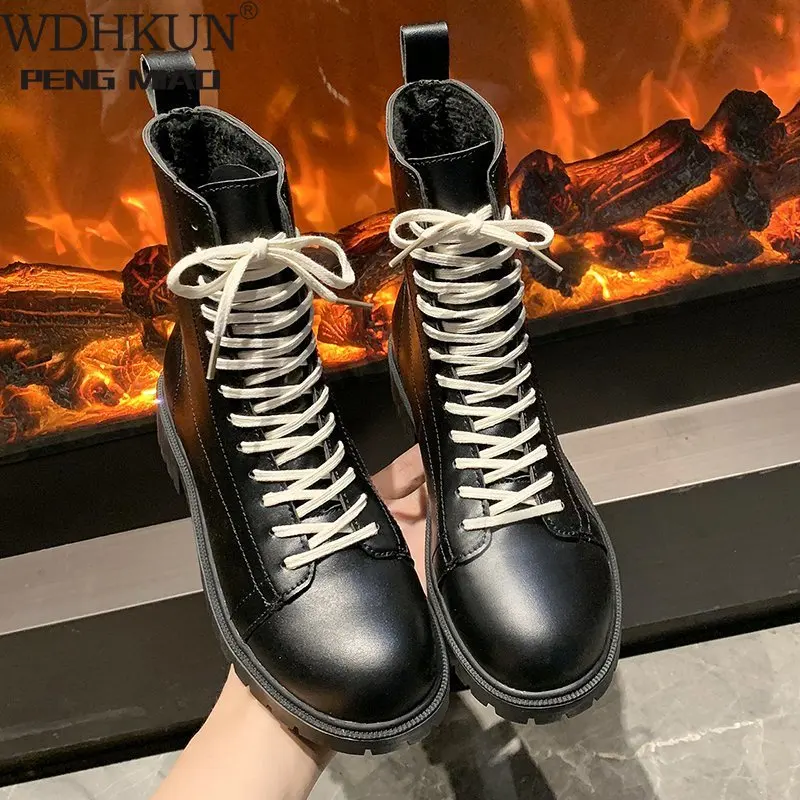 

Boots Women Motorcycle Shoes Platforms Ankle Boots Wedges Female Lace Up Platforms Leather Shoes Woman Square Heel High Heels