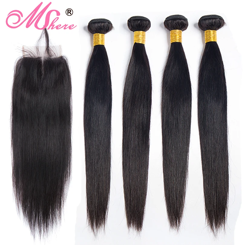 Бразильские прямые пучки волос с закрытием шнурка 3/4 не Реми человеческие |