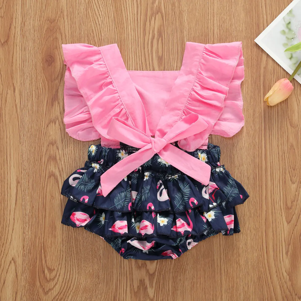 Baby Girl Summer Clothing Suits Short Flare Sleeve Jumpsuit Lemon Pineapple Flamingo Print Square Collar | Мать и ребенок