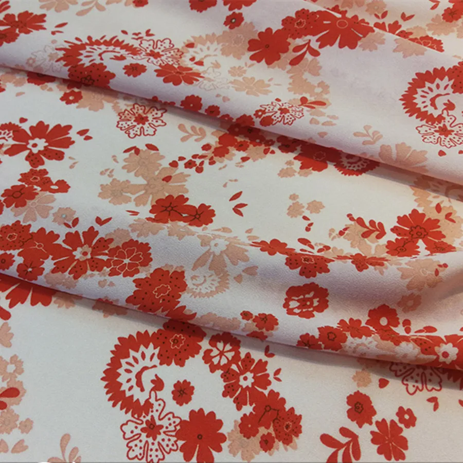 

Red Floral Gorgeous Shirt Dress Material Private Custom Printed Crepe De Chine Fabric Per Meter for Sewing Soft Home Textile