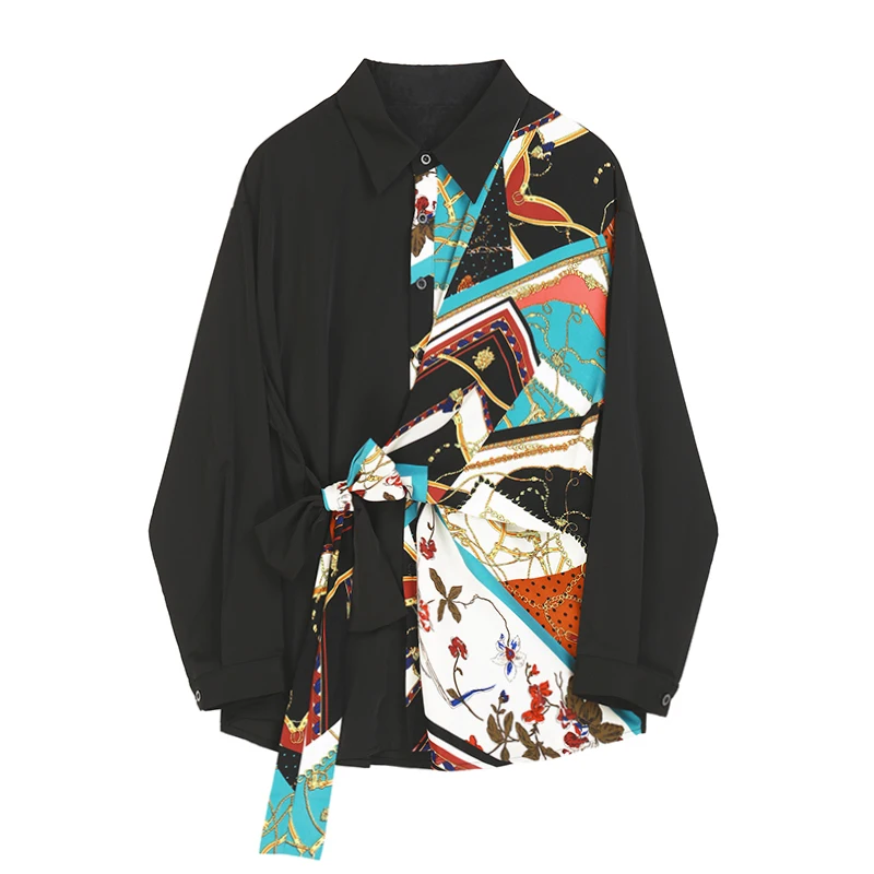

Hot selling personality Splicing printing long sleeve blouse korean fashion women tops casual ladies work button up shirt female