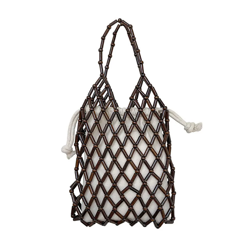 

2021 Summer New Women's Lady Korean Fashion Beaded Hand Bag Wood Beaded Bag Portable Hollow Woven Bag Purses Handbags