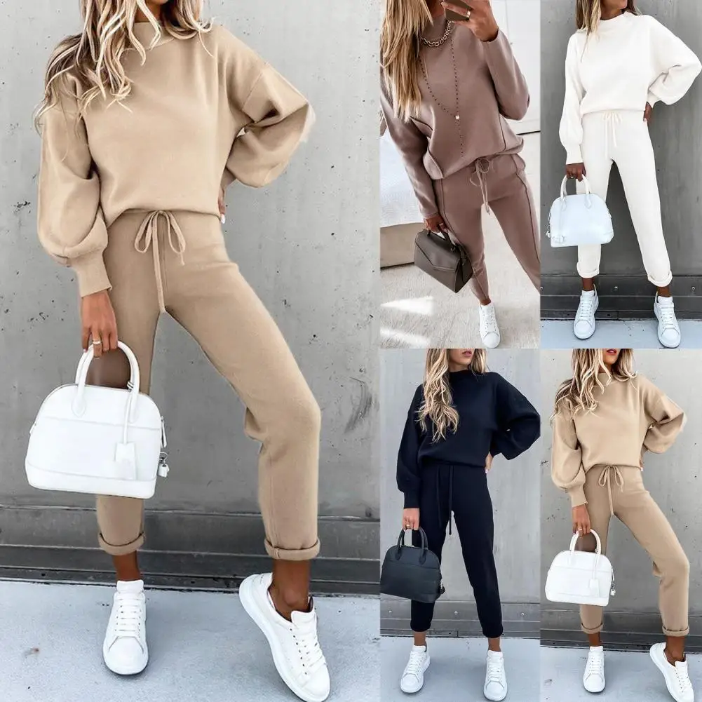 Solid Color Two Piece Set Women Outfits Set 2021 New Long Sleeve Pullovers Top Drawstring SweatPants 2 Piece Set Women Tracksuit