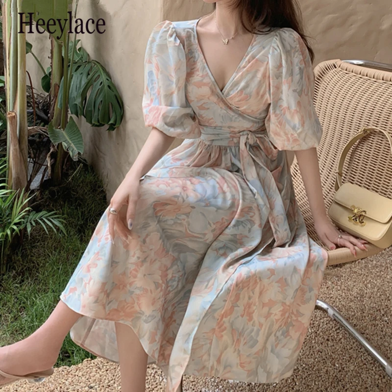 

New 2021 Women Summer Dresses Elegant Lady Lace Up Floral Vintage Puff Sleeve French Style Long Wrap Dresses
