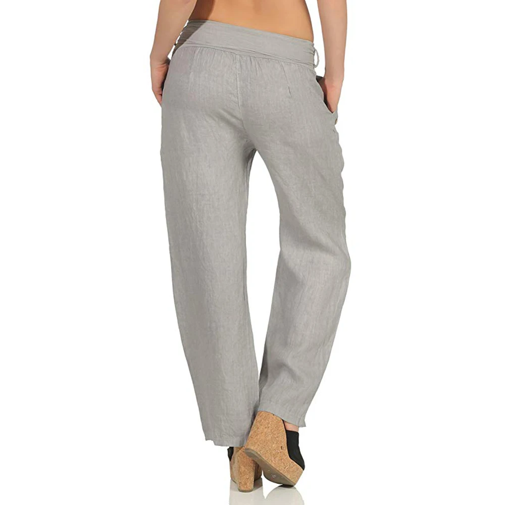 

Womens Casual Linen Pants Solid Color Fashion Autumn Vintage Drawstring Elastic Waist Pants Wide Leg Pants Female Trouser