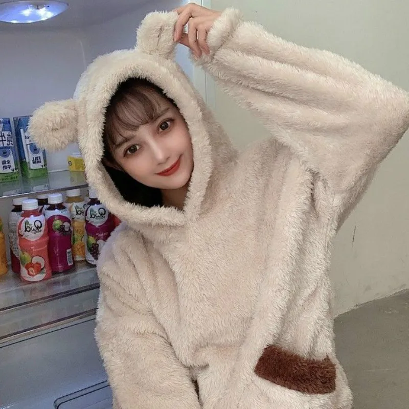 

Women Pajama Sets Couples Coral Fleece Patchwork Hooded Warm Plus Velvet Thicker Female Sweet Lovely Soft Fashion Cozy Fluffy