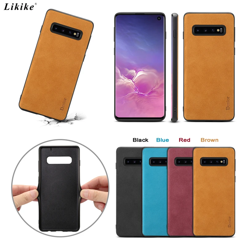 Likike Frosted Leather Back Phone Case for Samsung Galaxy S10 Plus Silicone Frame Cover Vintage Luxury Plain Style Fashion |