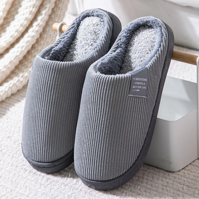 

Winter Men Slippers Indoor Plush To Keep Warm Indoor Soft Thick Bottom Solid Color Home Slides Couples Bedroom Cotton Shoes