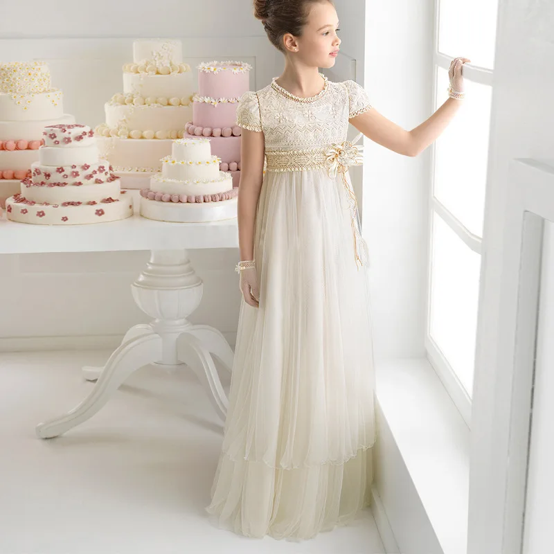 

Фатиновое кружевное платье принцессы трапециевидной формы с цветочным узором для девочек; платья для первого причастия; свадебное праздни...