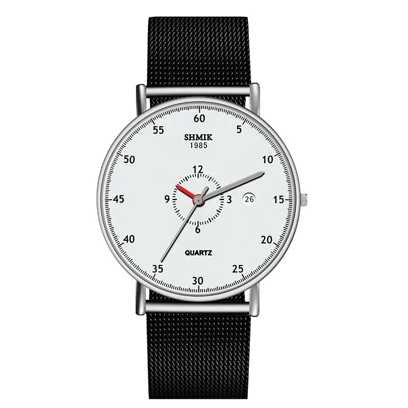 Black Silver White Креативный дизайн, короткие часы, повседневные часы с сетчатым ремешком, кварцевые часы с календарем, мужские часы, брендовые роскошные часы, мужские часы - Цвет: Black Silver White