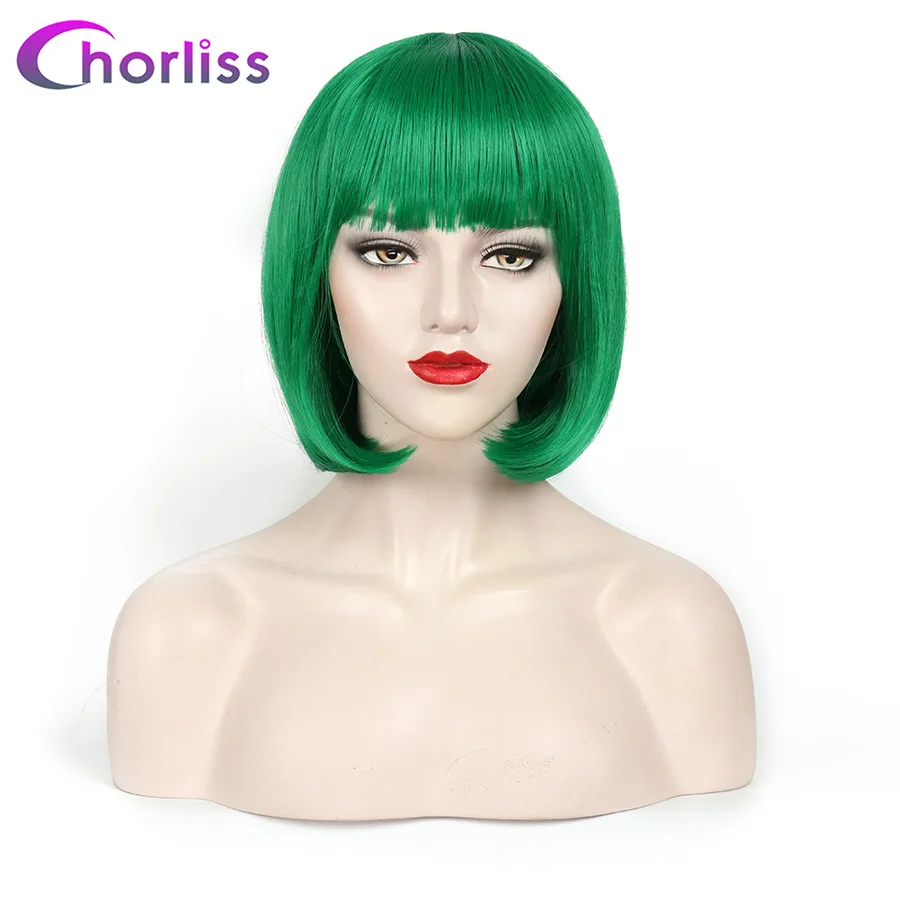 Dark Green Парики из искусственных волос короткий прямой Боб женские парики с бахромой Chorliss искусственные волосы розовый белый зеленый красный коричневый фиолетовый Косплей парики - Цвет: Dark Green