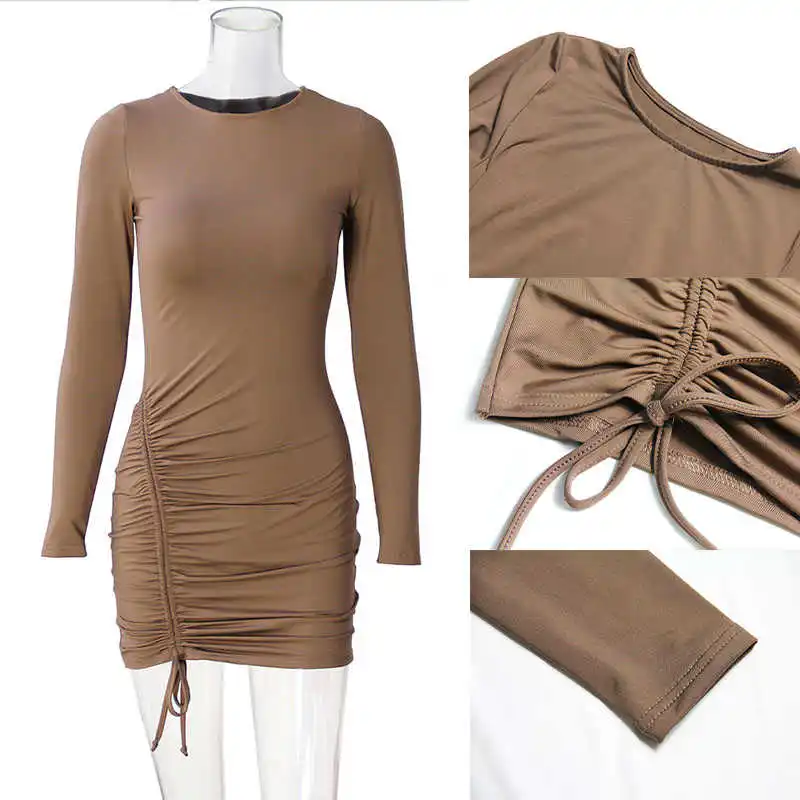 

Giyu 2021 Autumn Women Dresses O Neck Long Sleeve Ruched Drawstring Mini Dress Elegant Casual Bodycon Slim Female Vestidos Black