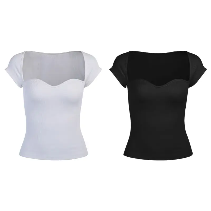 

Women Ribbed Knitted T-Shirt Sexy Y Neckline Bodycon Top Solid Color Clubwewar
