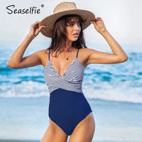 seaselfie sexy blue and stripe v neck one piece swimsuit women spaghetti straps monokini 2021 summer beach bathing suit swimwear