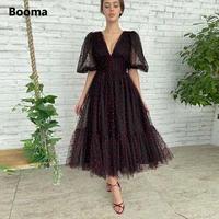 booma red hearts black tulle midi prom dresses v neck half puff sleeves tea length a line formal prom gowns evening party gowns