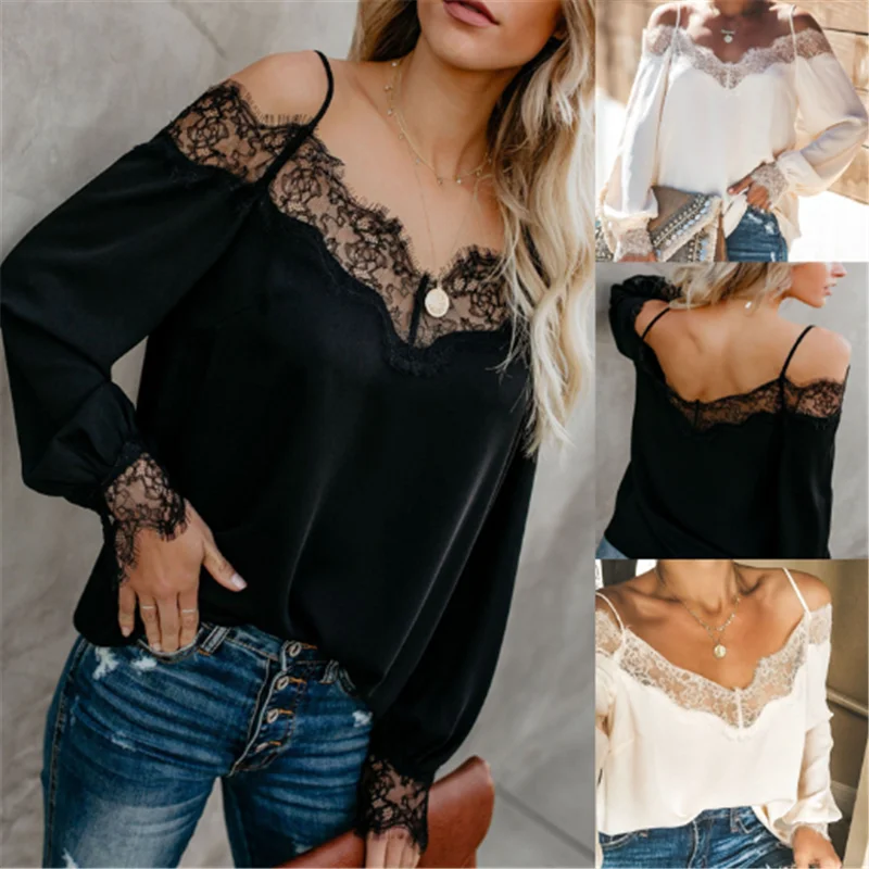 Женские рубашки Осенний топ с открытыми плечами кружевной длинным рукавом на