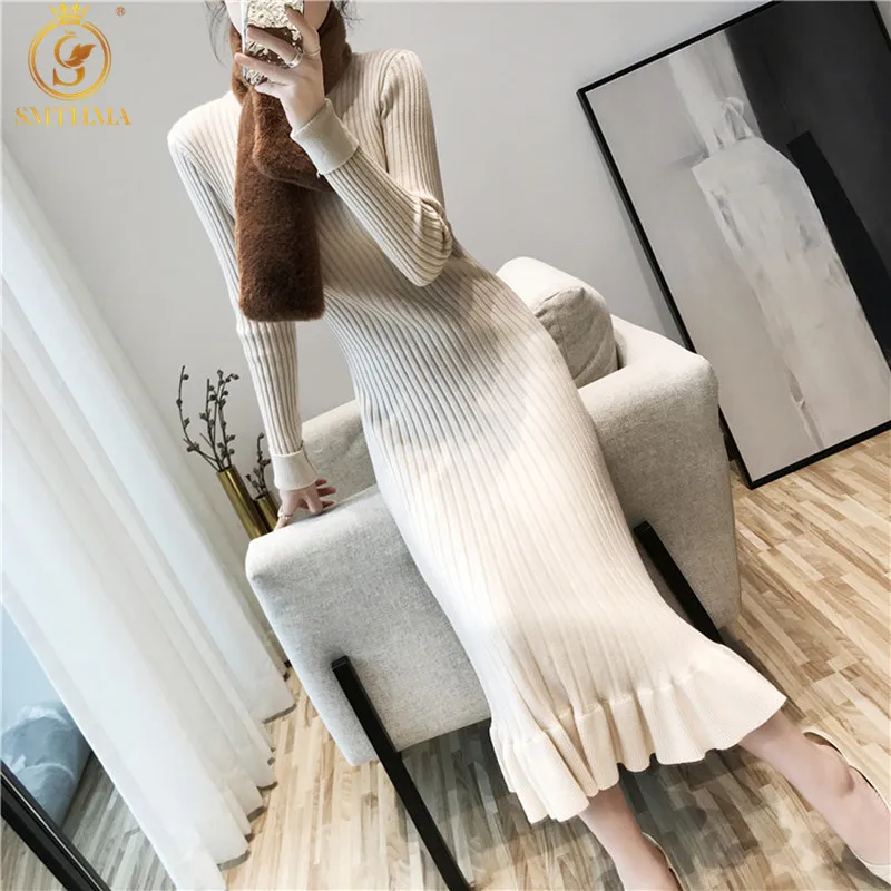 

SMTHMA New Fashion Long Knit Women Sweater Dress Elegant Trumpet Mermaid Dress Winter Thick Warm Christmas Party Midi Dressess