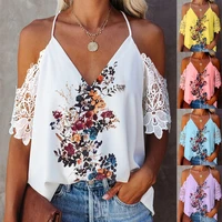 spring and summer womens floral printed short sleeve tops ladies v neck lace sleeve strap casual shirts plus size blouse