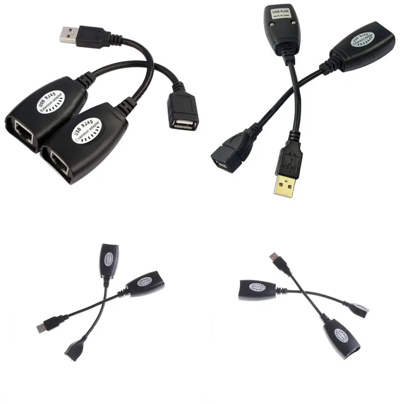 

Комплект удлинителей черного цвета с USB на RJ45, кабель-удлинитель USB Type-A «папа», RJ45 «мама», LAN-адаптер, удлинитель сетевых кабелей Cat5e/6
