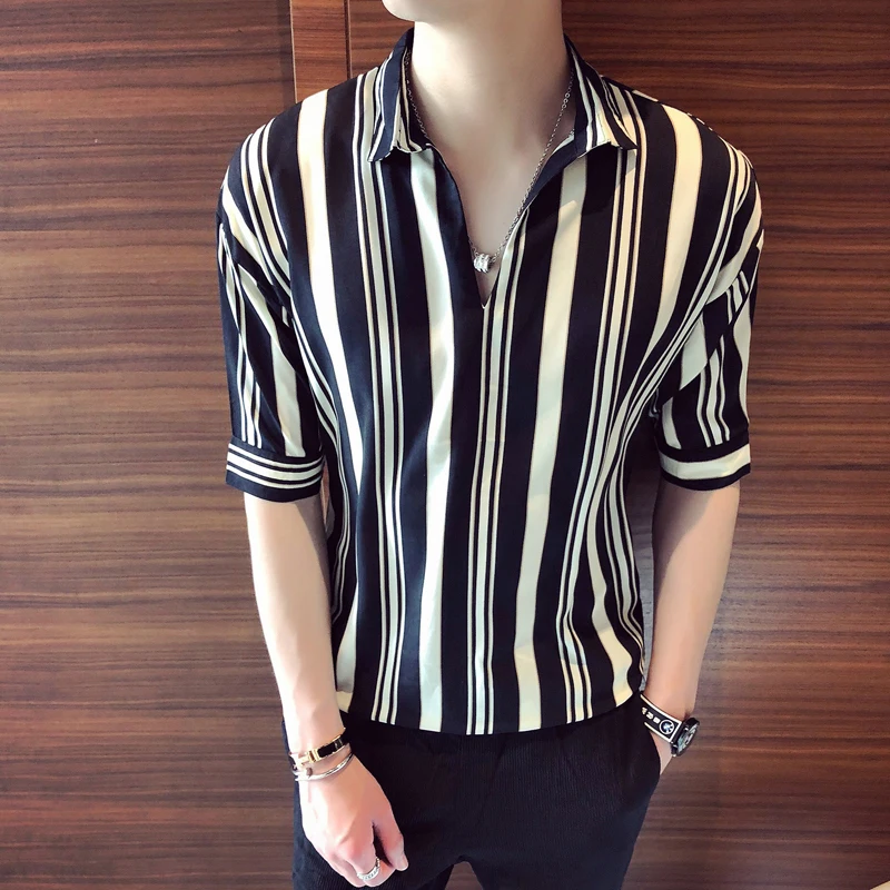 2020 new men's slim pullover V-neck Clothes half-sleeved Hawaii striped shirt summer fashion casual social Banquet Shirt | Мужская