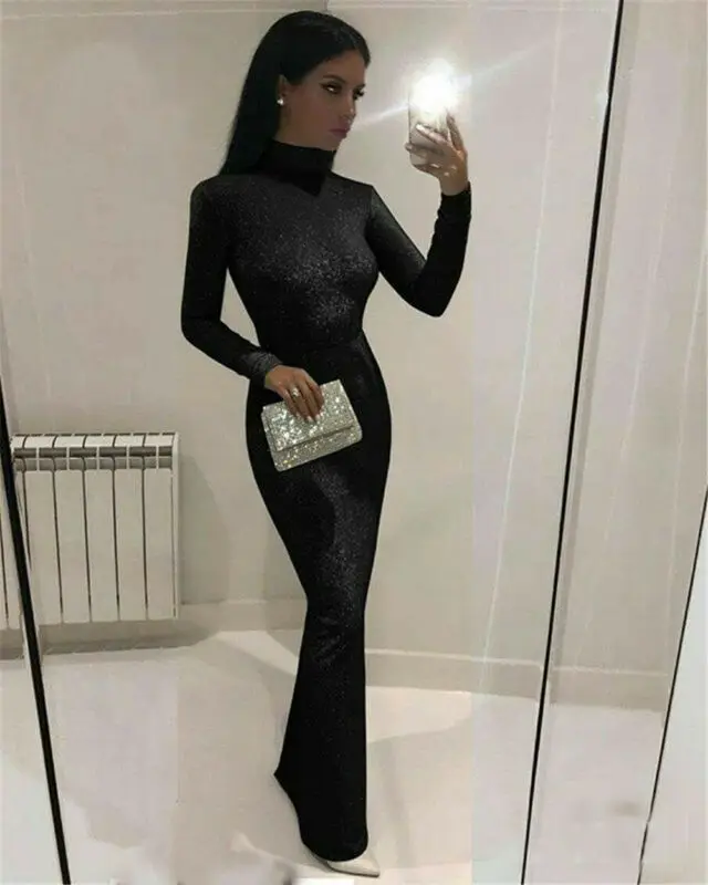 Женское модное блестящее однотонное облегающее платье-водолазка с длинным