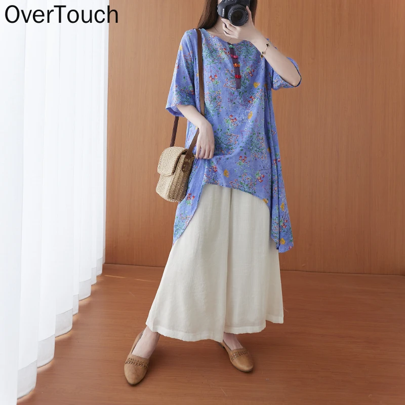 

Regular Size Women Blouse Shirts Linen Vintage Floral Casual Basic Tops Soft Short Sleeve Korea 2021 Summer Style Shirts