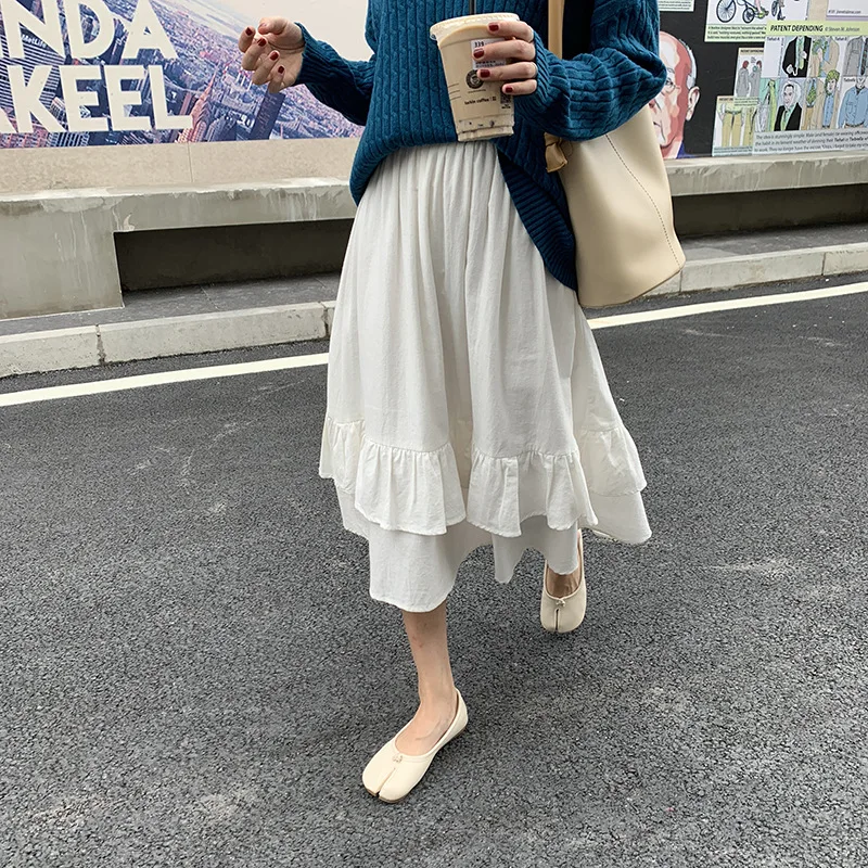 

Beige White Fashion Korean Ruffle Midi Long A-line Skirt Women Casual Spring Summer High Waist Irregular All-match Skirts Female