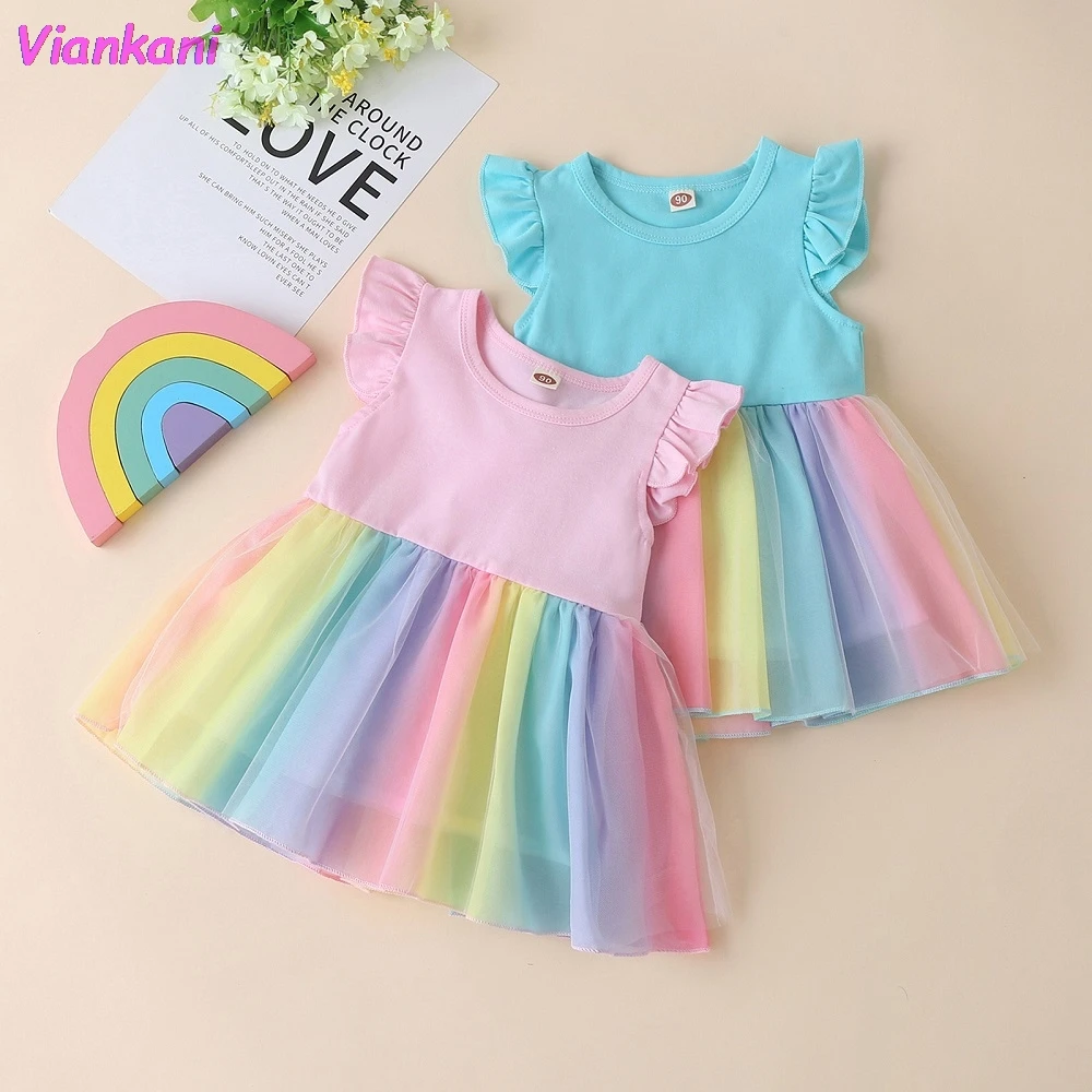 

Радужной расцветки; Платье с фатиновой юбкой для девочек без рукавов многоцветный ко дню рождения с воланом для девочек, 2021 летнее платье пр...