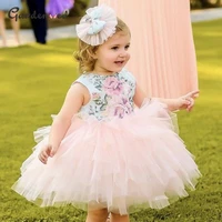 puffy pink layers flower girl dresses lace embroidery first communion dresses oneck backless bow baby pagnant dresses