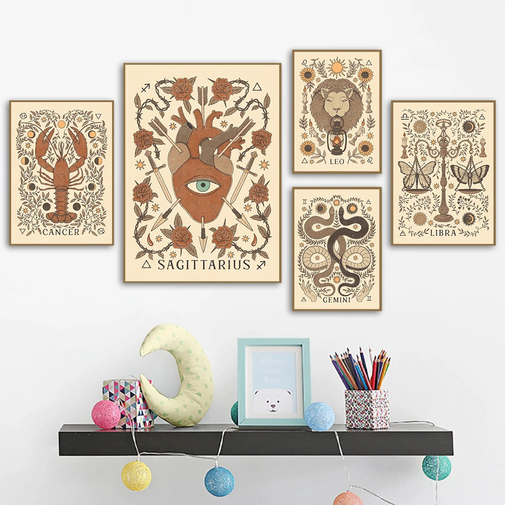 

Bohemian Zodiac Art Poster Aquarius Canvas Painting Astrology Virgo Art Print Aries Leo Wall Picture for Living Room Home Decor