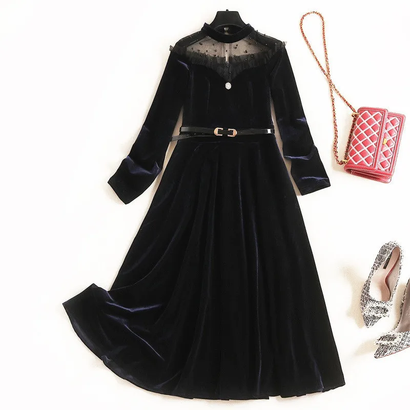 

New Fashion 2019 Woman Dress Autumn Winter Long Sleeve Beading Tulle Patchwork Vintage Sexy Aline Velvet Dress Party Vestidos