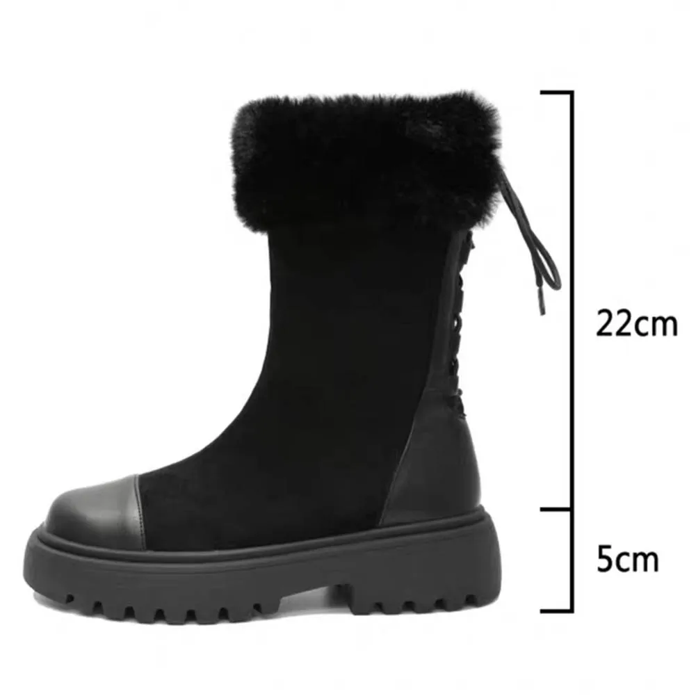 

RIBETRINI Ladies Warm Patchwork Snowboots shoes lace Flock Low Heel Short Plush Fashion Boots Women 2020 Brand Shoes Woman