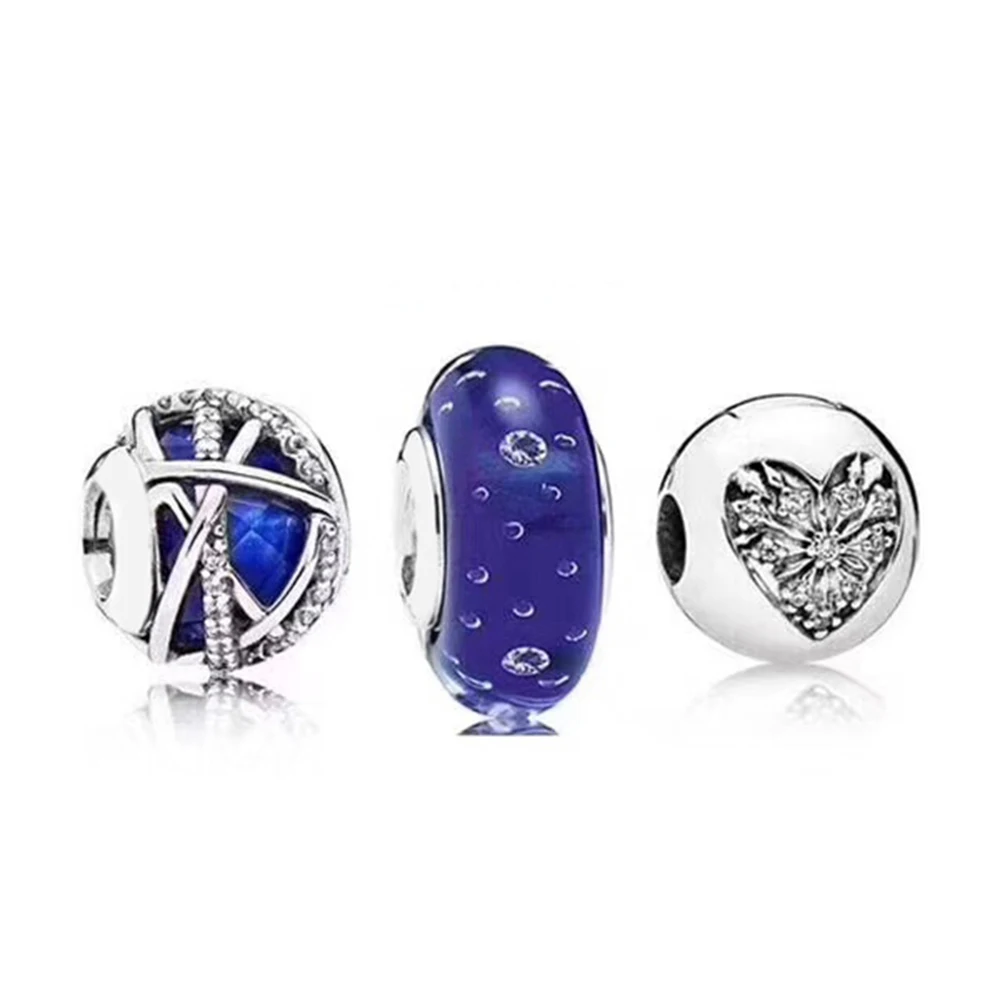 

NEW 100% 925 Sterling Silver Openwork Intertwined Charm Heart-shaped Gemstone Clips Late Night Blue Bubble Glass Beads Set