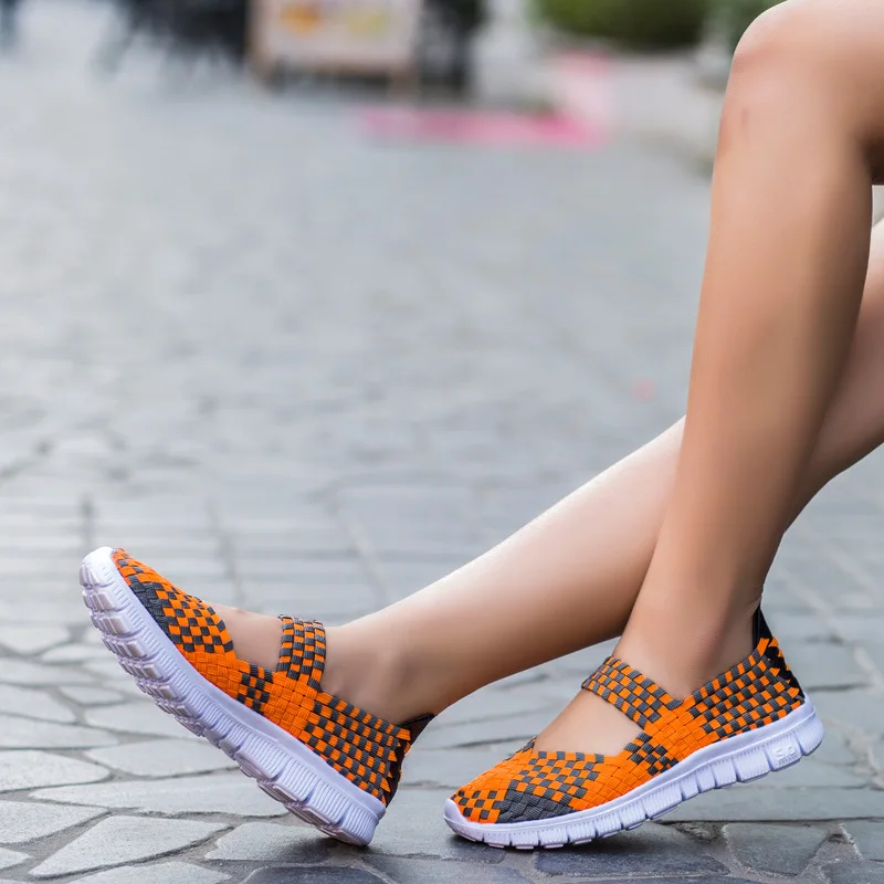 

Women Knit Flats Handmade Shoes Mixed Color Ladies Fashion Breathable Comfortable Casual Footwear Plus Size Shoes 2019 New