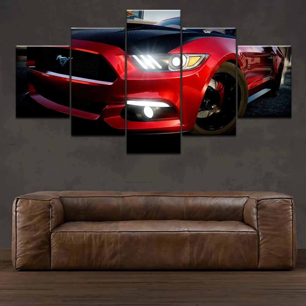 

HD Printed Modern Home Decor Canvas Living Room 5 Panel Red Mustang Car Painting Wall Art Modular Posters Framework Pictures