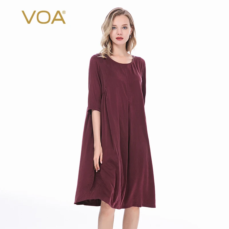 

VOA Mulberry Silk Round Neck Five-minute Sleeve Loose Waist Big Swing Unbound European Version Solid Color Harajuku Dress AJ7-1