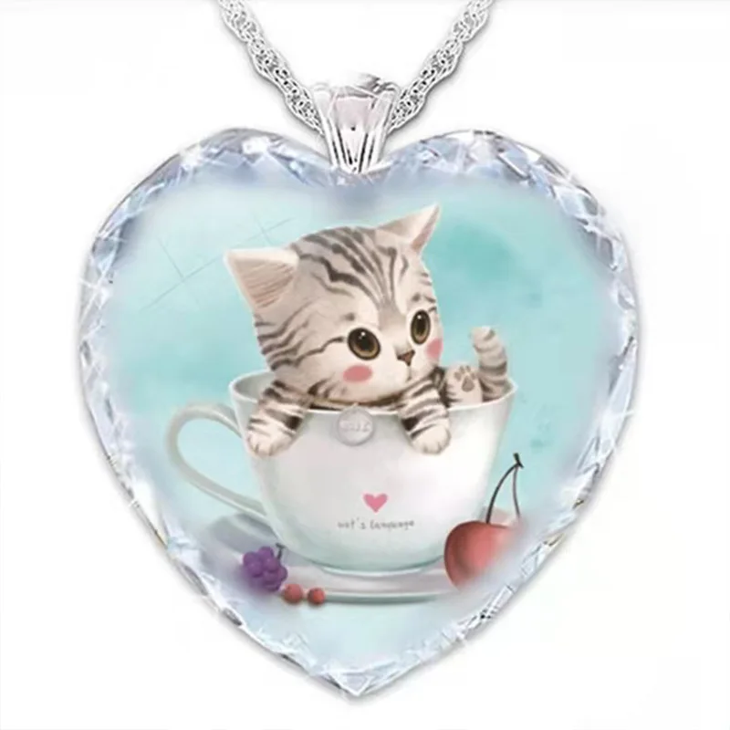 

Men Women Cartoon Crystal Glass Necklace Cute Heart Cat Pendant Party Casual Cartoon Animal Necklace Jewelry
