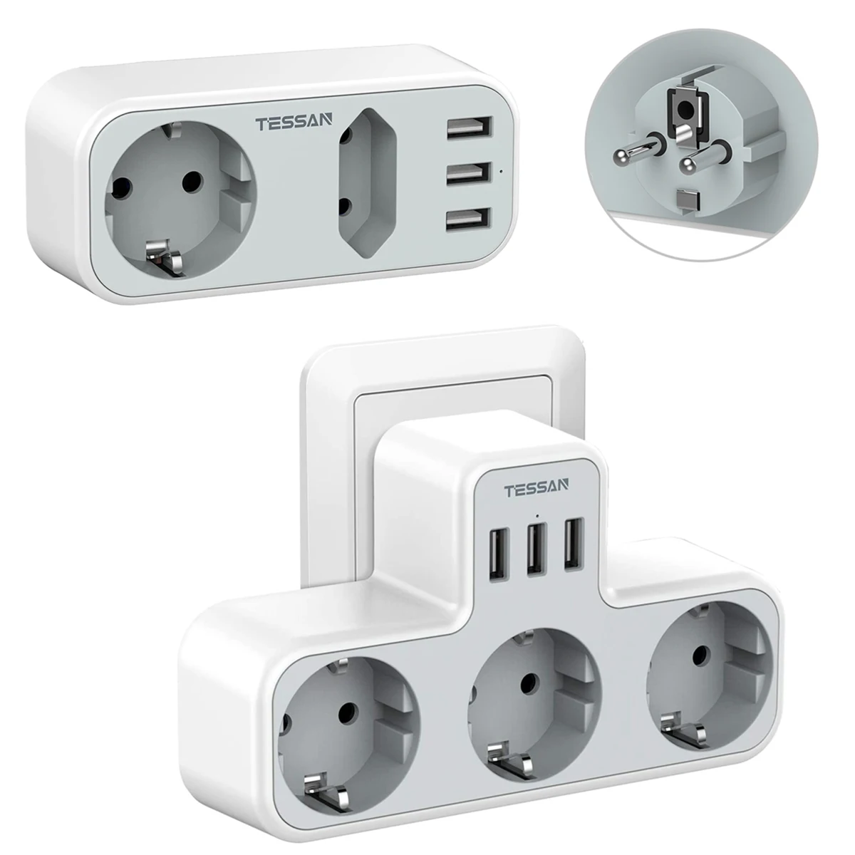 

TESSAN Portable Multiple Sockets Power Strip with 2/3 AC Outlets 3 USB Ports, EU Plug Wall Charger Adapter for Home, Office