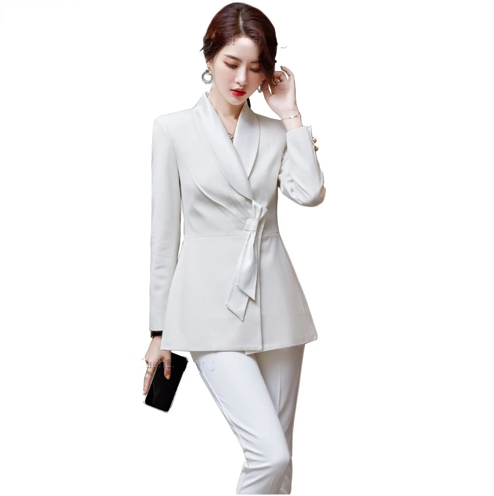 

Fashion Pant Suit With Bow Ladies White Black Dark Blue Formal 2 Piece Set Blazer Set Women Plus Size 5XL Coat Blazer And Pant