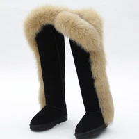 fox fur real sheepskin leather long wool lined thigh suede women winter snow boots high quality shoes black botas new fashion